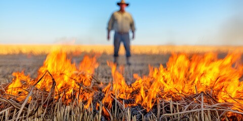A farmer watches a controlled burn in a field, with flames contrasting against a clear sky, showcasing agricultural practices.