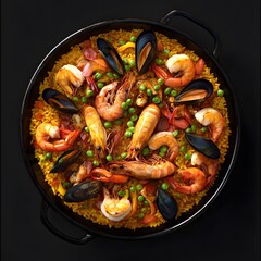 Overhead view of a paella dish with shrimp, mussels, and peas in a black pan.