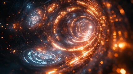 Obraz premium Abstract orange and blue swirling tunnel with glowing lights and bokeh.
