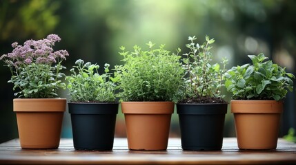 Indoor Plants. Potted pink flower green herbs terracotta black pots in