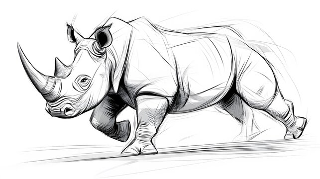 A strong rhinoceros charging forward, drawn with bold lines on a white background