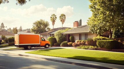 Bright Orange Moving Truck Parked in a Residential Neighborhood Surrounded by Lush Green Lawns and Tall Palm Trees on a Sunny Day