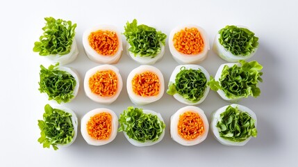 Freshly made vegetable spring rolls, bold vibrant colors, neatly arranged, white background, promoting healthy eating and Asian flavors
