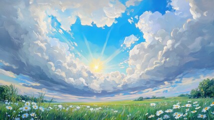 Paisaje natural con flores y cielo soleado