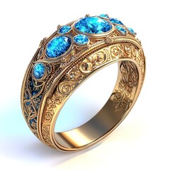 3D ornate gold ring encrusted with glowing blue gemstones and intricate symbols etched into its surface. The ring appears to radiate soft light. Ultra-detailed textures, clean white background