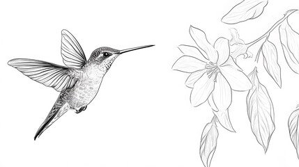 Fototapeta premium A tiny hummingbird hovering near a flower, captured in elegant line art on a white background
