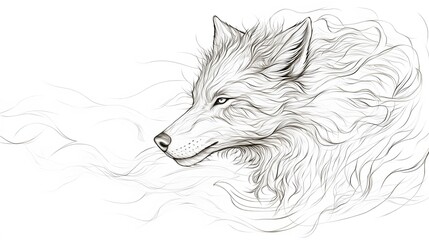 Naklejka premium A beautiful wolf with its fur flowing in the wind, outlined with delicate lines on a white background