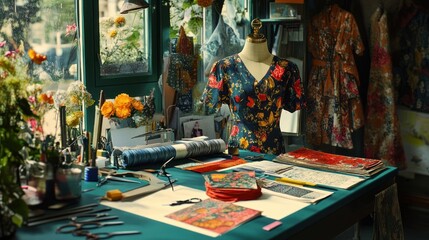 Sunny artist's studio with floral dress on mannequin, fabric swatches, and design tools on work table.