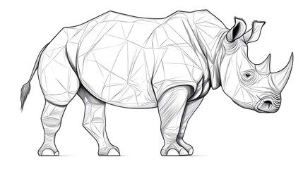 A detailed rhinoceros standing tall, outlined with bold lines on a white background