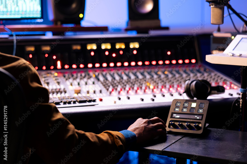 Poster African american expert working at mixing panel in recording studio. Using control desk soundboard and digital audio software interface on pc, motorized faders and switchers to edit tracks.
