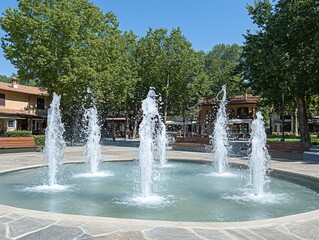 Wide Angle stock photo of a city square surrounded by restaurants, benches, and fountains