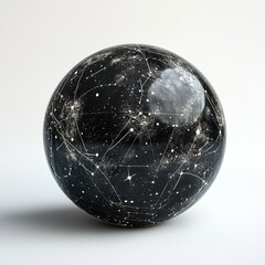 3D transparent globe with intricate constellations glowing inside. Smooth, polished texture. Clean white background
