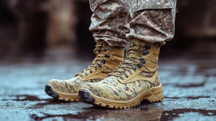 Combat Boots. Military tan boots, waterproof outdoor footwear, rugged