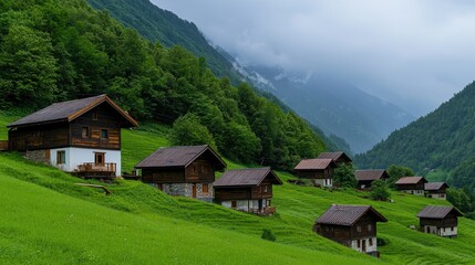 Scenic mountain village alpine region landscape photography lush greenery wide angle tranquil serenity