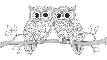 Obraz premium A pair of owls sitting on a branch together, outlined in intricate line art on a white background