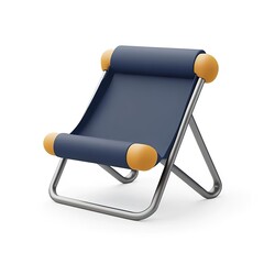 3D icon of a navy-blue foldable camping chair with sleek metal legs, simplified and clean isolated on white background