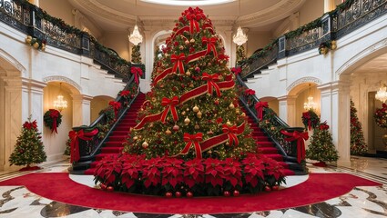 Fototapeta premium Majestic full decoration christmas tree in the center of voyer with two stairs in between