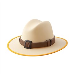3D icon of a beige wide-brimmed sun hat with a sleek brown band, simplified and clean isolated on white background