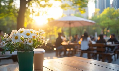 A sunny outdoor caf? scene with flowers and coffee.