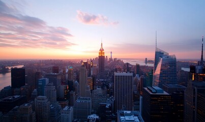 Fototapeta premium A stunning sunset view of a city skyline with iconic buildings.