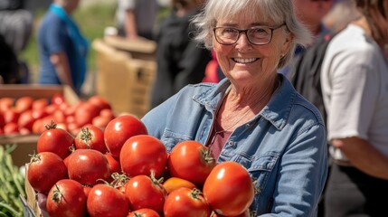 Fototapeta premium Happy senior woman holding a box of ripe red tomatoes at a farmers market.