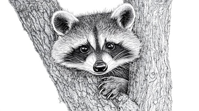 raccoon in tree black and white drawing clip art preview