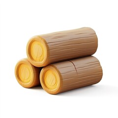 3D icon of stacked wooden logs, smooth wood grain texture, minimalist design isolated on white background