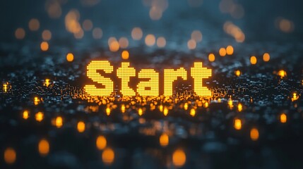 Glowing "Start" word on dark background.