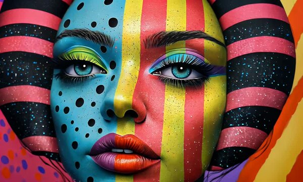 woman face with stripes, fill with polka dots, make a patchwork friend, to love and hold, one who is friendly and not too bold, vibrant bright vivid sparkley colors
