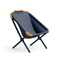 3D icon of a navy-blue foldable camping chair with sleek metal legs, simplified and clean isolated on white background