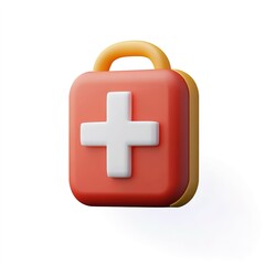 3D icon of a red first aid kit with a white cross, smooth edges, clean design isolated on white background