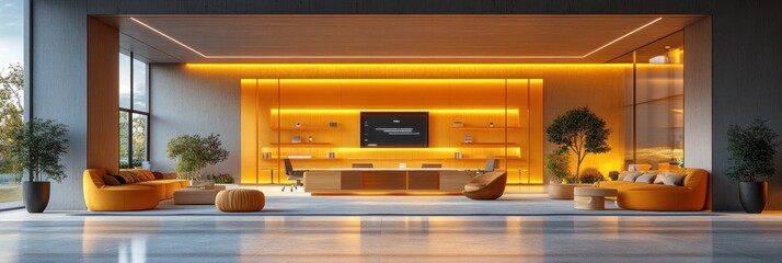 Modern office interior with orange accents, yellow lighting, and large windows.