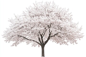 Obraz premium A full, blossoming cherry tree with white flowers, isolated on a white background.
