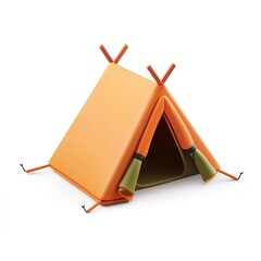 
3D icon of a triangular camping tent, bright orange fabric with smooth seams and stakes, clean minimalist look isolated on white background