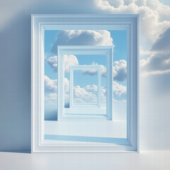 3D rendering of a white and blue sky with clouds, seen through a square portal. The light is coming from the top-left corner
