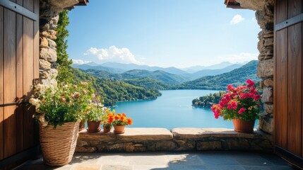 Scenic View of Lake Surrounded by Mountains Framed by Open Doors with Colorful Flower Pots