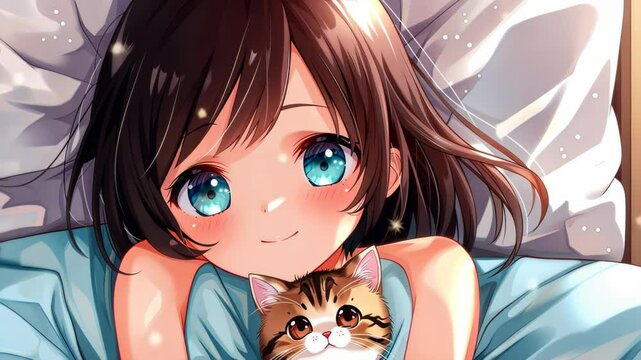 Adorable anime girl holding a smiling cat, charming and cute illustration in manga style.