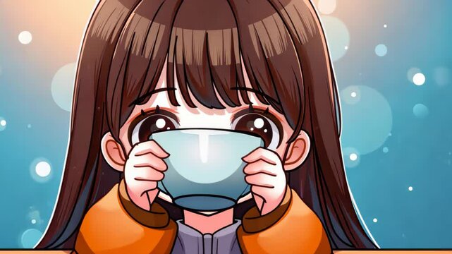 Adorable chibi illustration of a cute, kawaii girl enjoying a snack.