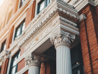 Obraz premium Closeup stock photo style on intricate architectural details of a heritage building, showing textures of old brick and stone