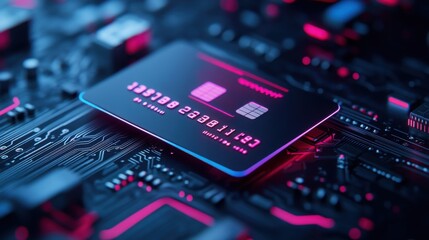 Modern Credit Card with Microchip on Futuristic Circuit Board with Neon Lights and High-Tech Background