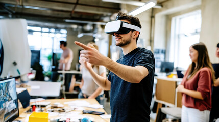 Game developer passionately presenting new game features to a group of intrigued colleagues, showcasing innovation and creativity in the gaming industry.