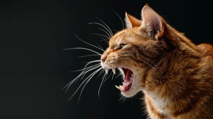 Fierce feline on a shadowy backdrop, growling with impressive intensity, showcasing its fierce demeanor.