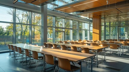 Empty conference room with modern table and chairs, featuring minimalist interior design and natural lighting.