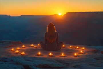 Sunsets and serenity at Grand Canyon with candles surrounding a meditating figure