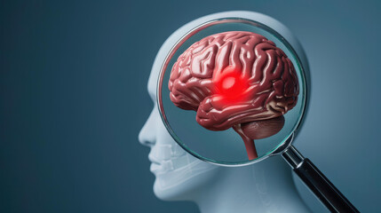 A striking banner featuring a hand holding a magnifying glass over a skull, focusing on a brain with a red tumor spot.