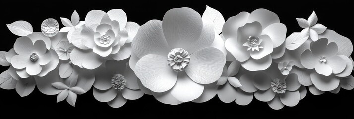 Monochrome paper flowers arrangement on black background.