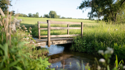 Wooden bridge over a small stream in a lush green landscape on a sunny day