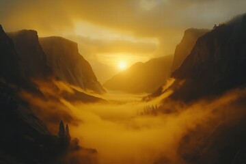 Breathtaking sunset over a misty valley surrounded by towering mountains