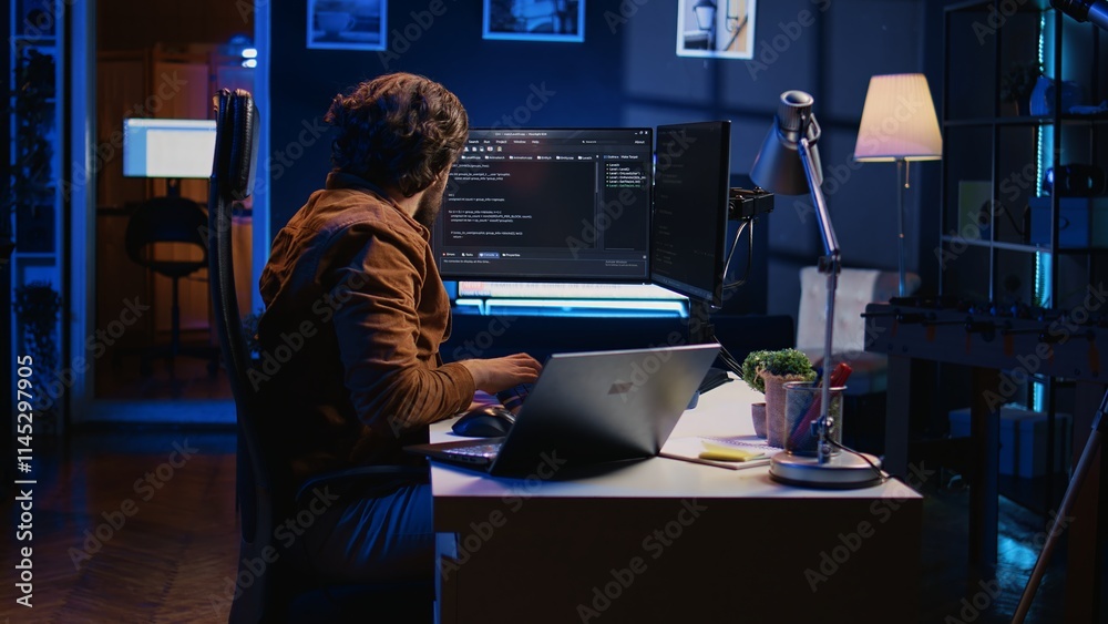 Poster software programmer putting headphones on while developing code, making time pass faster during remo