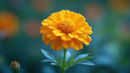 Vibrant yellow flower in bloom with blurred teal background.